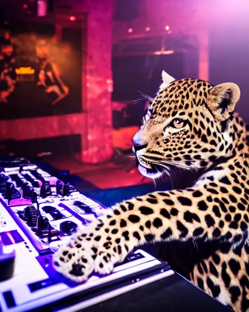 Prompt: a leopard dj playing a set in a club