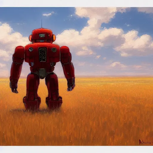 Prompt: a giant red robot walking in a wheat field at night by krenz cushart