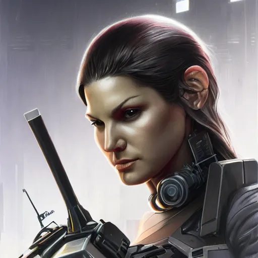 Image similar to gina carano with robotic cybernetic metallic grey left arm, casual pose, large portrait, cyberpunk, digital painting, artstation, concept art, smooth, 8 k frostbite 3 engine, ultra detailed, art by artgerm and greg rutkowski and magali villeneuve