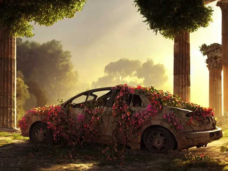 Image similar to a tree growing on a scrap car in ancient greek ruins, gray wasteland, many overgrown scrap cars, pillars and arches, colorful flowers, vines, cinematic, ray of golden sunlight, alphonse mucha, greg rutkowski, trending on artstation, artgerm, breathtaking, smooth, mark arian, award winning