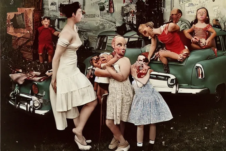 Prompt: color joel peter witkin photo of 1 9 5 0 s suburban family, capitalist propaganda meets body horror, patriotic nihilism, annie liebovitz, bosch, pixar