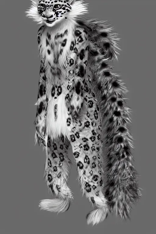 Prompt: female anthropomorphic furry snow leopard with long black hair, highly textured fur, trending on artstation