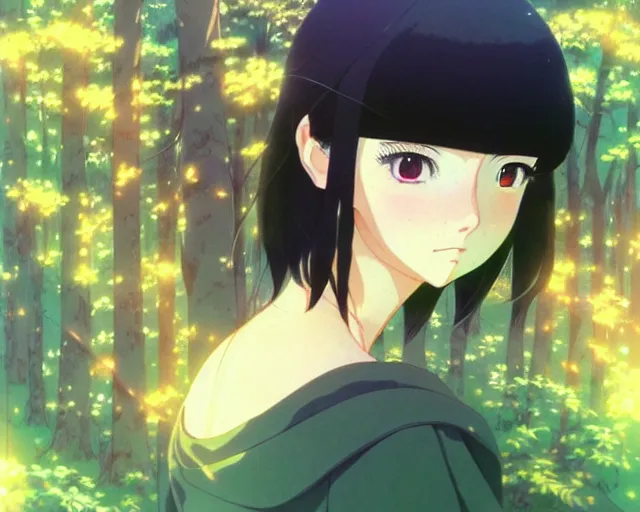 Image similar to beautiful anime girl with black hair and bangs, fine details portrait, forest background, bokeh. anime masterpiece by Studio Ghibli. illustration, sharp high-quality anime illustration in style of Ghibli, Ilya Kuvshinov, Artgerm