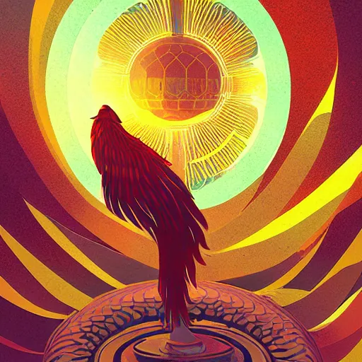 Prompt: optimism, the solarpunk phoenix, red bird, ornate egg, regeneration, landscape, epic composition, volumetric light, bokeh, digital painting by ilya kuvshinov and by gauthier leblanc