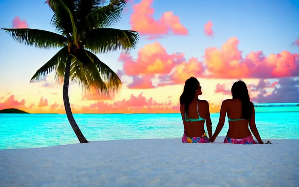 Prompt: alone together peaceful sipping pina coladas on a beautiful tropical island beach, white sands, perfect sunset, turquoise lagoon