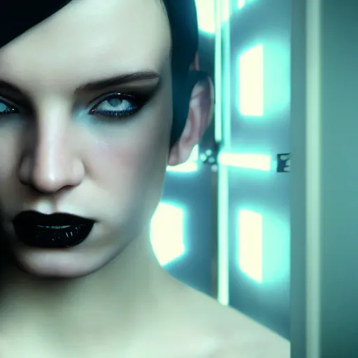 Image similar to octane render candid photographic portrait by quentin tarantino of a beautiful feminine man wearing black techwear and light makeup looking in a broken bathroom mirror, rundown new york apartment, full shot, retrofuturism grunge cyberpunk cinematic time dilation, 4 k, 8 k, hd, high resolution, ultra realistic faces, photorealistic, intricate detail, trending on artstation, digital painting, clockwork orange