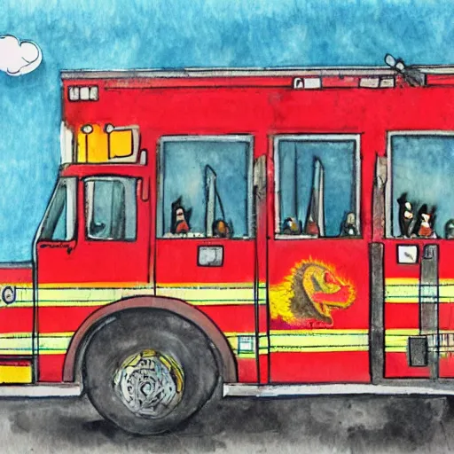 Prompt: dinosaurs at a fire station, watercolor illustration