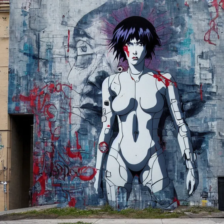 Prompt: Street-art painting of ghost in the shell is style of Banksy, photorealism