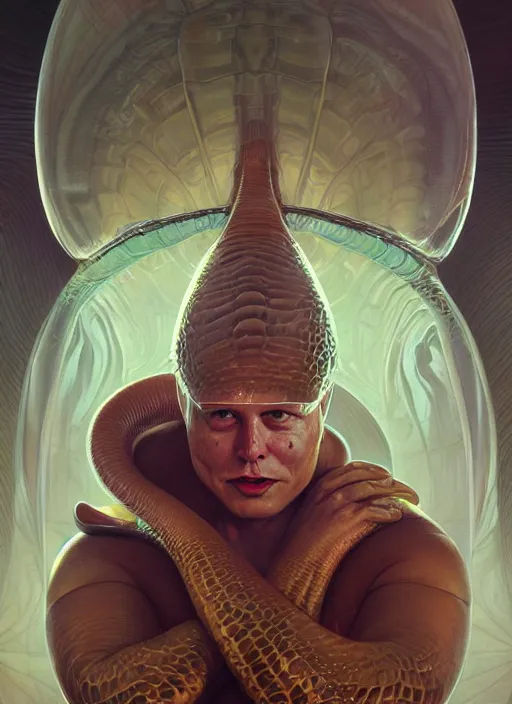 Image similar to elon musk as mollusk, slime, drool, portrait, intricate, elegant, highly detailed, digital painting, artstation, concept art, wallpaper, smooth, sharp focus, illustration, art by artgerm and greg rutkowski and alphonse mucha