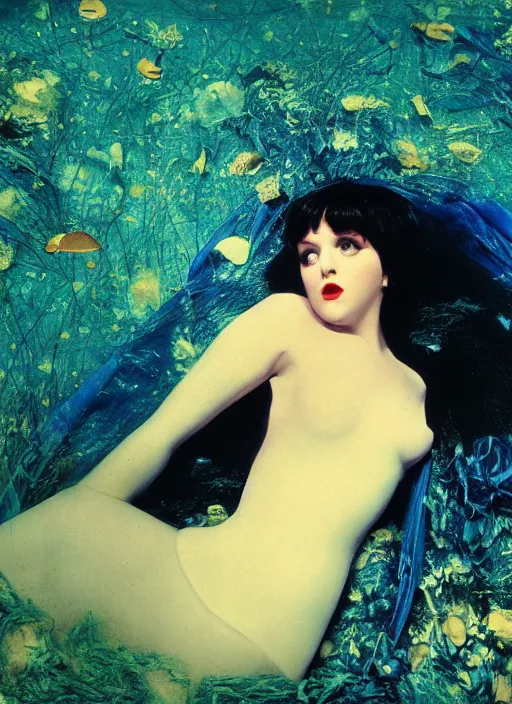 Image similar to liza minelli laying under the sea on the seabed amongst the weeds, underwater shot, submerged, medium shot, on the bed of the river preraphaelite colour photography by rosetti, 8 k