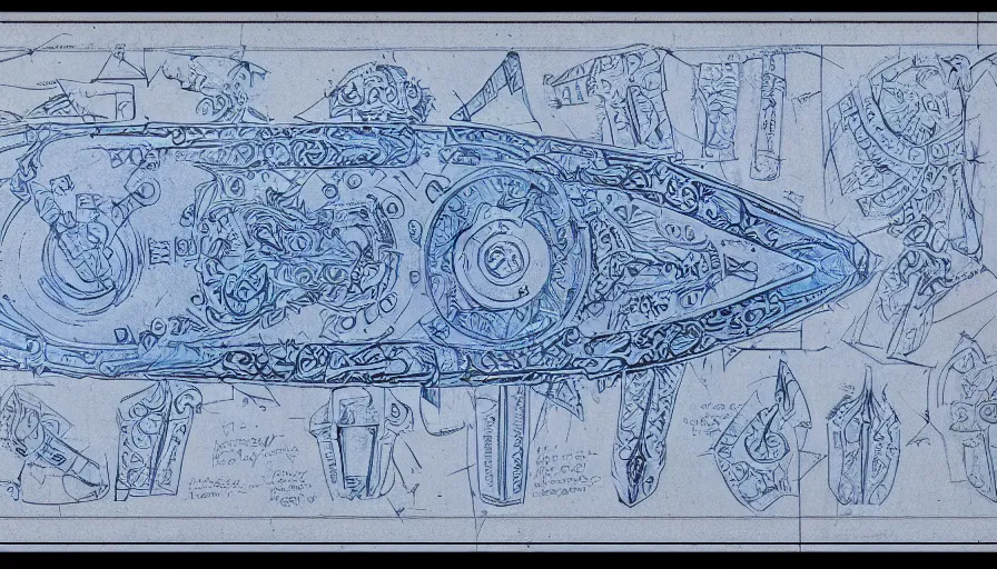 Image similar to blue board blueprint with lots of annotations of legs of an ornate armour, views front side and rear, covered in runic tattoos, Travis Charest style