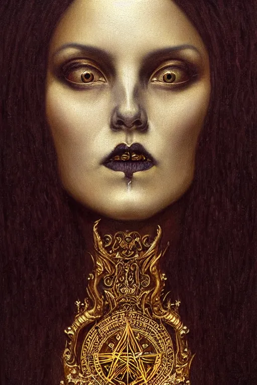 Image similar to hyper realistic painting portrait of the black metal queen, occult diagram, elaborate details, detailed face, intrincate ornaments, gold decoration, occult art, oil painting, art noveau, in the style of roberto ferri, gustav moreau, jean delville, bussiere, andrew gonzalez