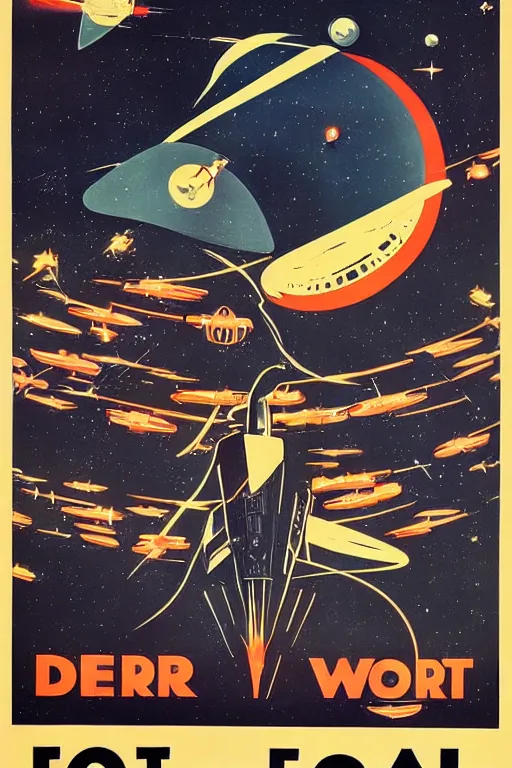 Image similar to propaganda poster of intergalactic war, 1 9 5 0 s style, futuristic design, dark, symmetrical, washed out color, centered, art deco, 1 9 5 0's futuristic, glowing highlights, intense