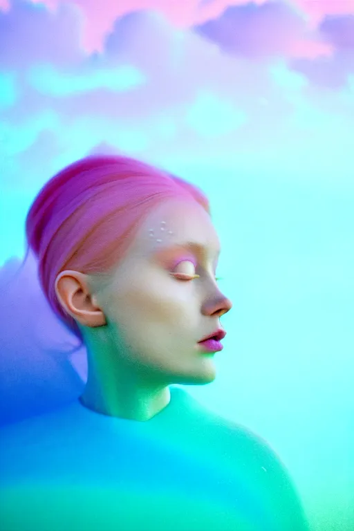 Image similar to high quality pastel coloured film close up wide angle photograph of a model wearing clothing swimming on cloud furniture in a icelandic black rock!! environment in a partially haze filled dreamstate world. three point light, rainbow. photographic production. art directed. pastel colours. volumetric clouds. pastel gradient overlay. waves glitch artefacts. extreme facial clarity. 8 k. filmic.