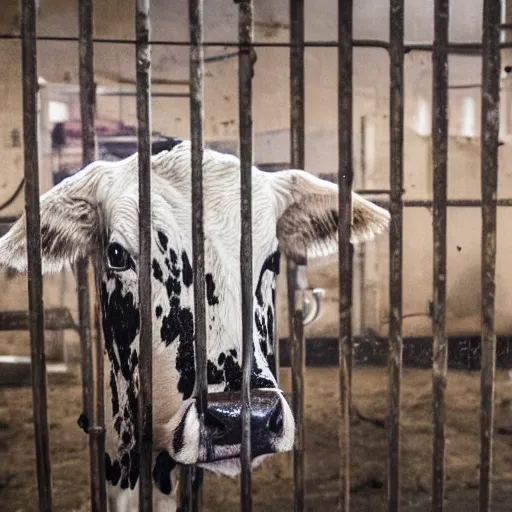 Image similar to dirty bottle of milk and a cow inside a cage, inside slaughterhouse