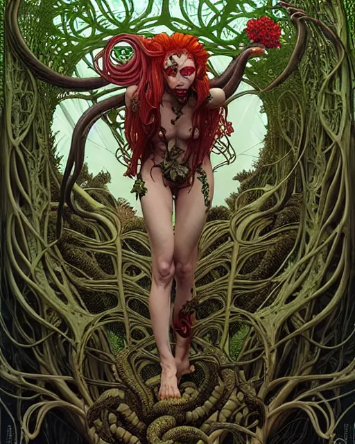 Image similar to the platonic ideal of flowers and roots of cletus kasady, venom, poison ivy, ultimate beautiful succubus medusa, cthulhu, intricate, hyperrealism, intense, dmt, artgerm, moebius, greg rutkowski, dan mumford, alphonse mucha