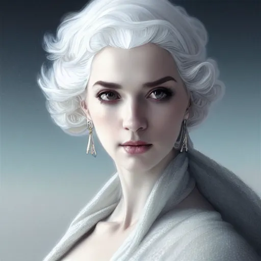 Prompt: white haired aristocrat, full body portrait, gentle, solemn face, cloth, female, city landscape, d & d, fantasy, intricate, elegant, digital painting, white grey color palette, artstation, octane render, concept art, matte, sharp focus, illustration, herrarthstone, art by artgerm and greg rutkowski and alphonse mucha