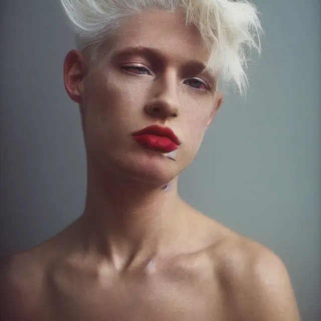 Image similar to a color photograph of a non binary model, platinum blonde, by nan goldin, intense, bold, hyperrealistic, ultra sharp, extra details, ultra high quality, trending on pinteresst