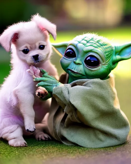 Image similar to stock photos of baby yoda playing with a cute puppy, hyperreal