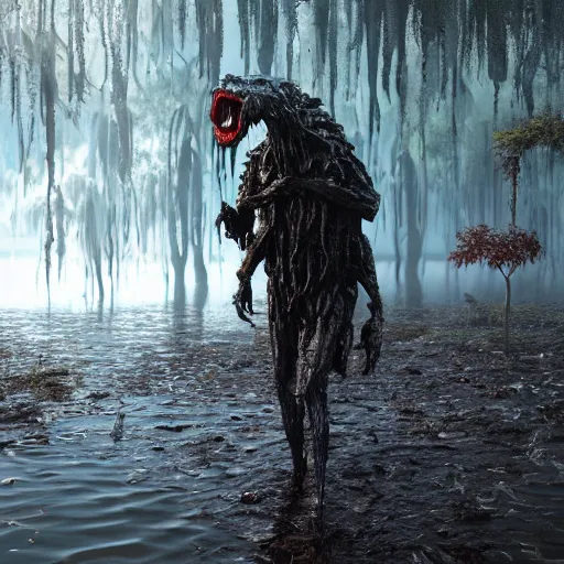 Prompt: the ghastly amorphous plastic monster walking uncontrollably out of a swamp made of molten plastic, cgsociety, high detailed, photo of the year 2 0 2 2