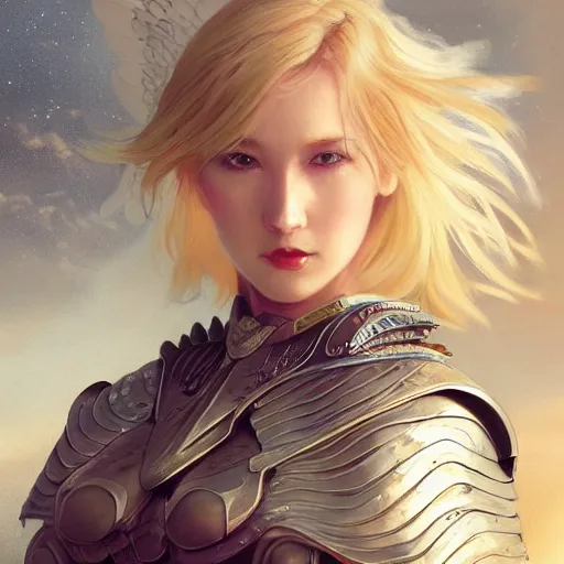 Prompt: an angel woman with blonde hair and wings wearing steel armor, a detailed painting by pu hua and wlop, trending on artstation, fantasy art, artstation hd, detailed painting, anime aesthetic