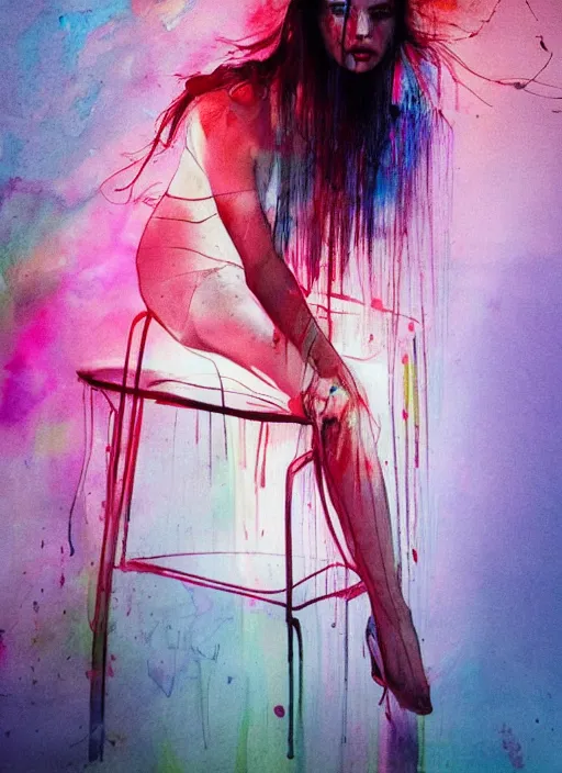 Prompt: adriana lima by agnes cecile, sitting on a stool, bent over posture, full body portrait, extremely luminous bright design, pastel colours, ink drips, autumn lights