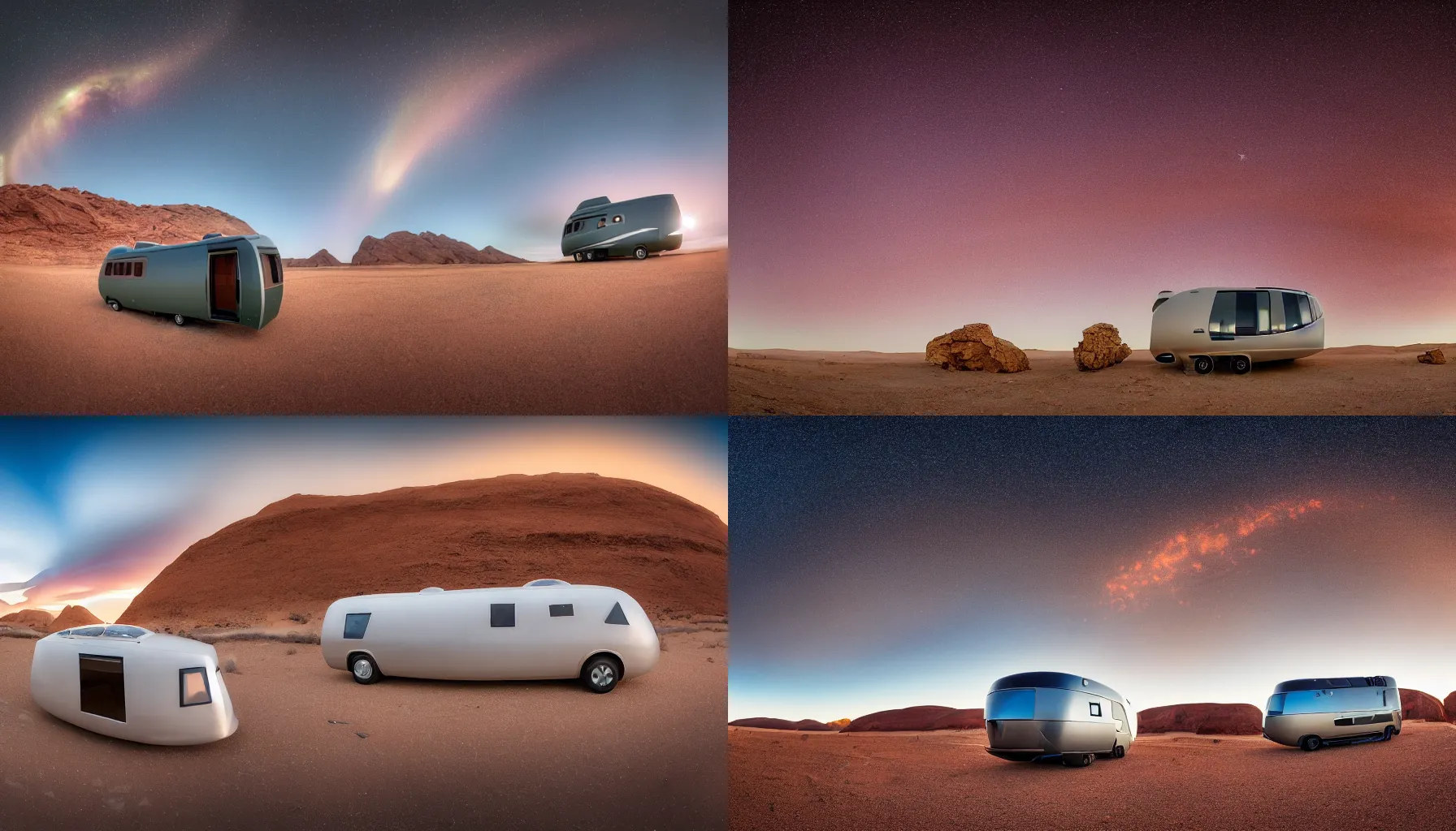 Prompt: a professional photograph of a beautiful futuristic Winnebago designed by Buckminster Fuller with round windows in a picturesque alien desert. Astronauts are camping nearby. Astronauts. Mammatus clouds worms eye shot, wide-angle, racking focus, extreme panoramic, Dynamic Range, HDR, chromatic aberration, Orton effect, Photo by Marc Adamus, Ryan Dyar, Ezra Stoller, and Andres Gursky