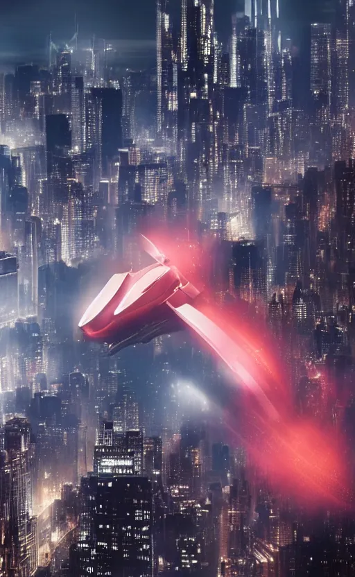 Image similar to a spaceship designed by peter schreyer flying over NYC in style of blade runner 2049