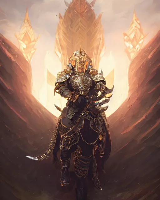 Image similar to Highly detailed Champion paladin in black gold intricate and ornate armor, unreal engine, fantasy art by Greg Rutkowski, Loish, Rhads, Makoto Shinkai and Lois van baarle, ilya kuvshinov, rossdraws global illumination, radiant halo of light