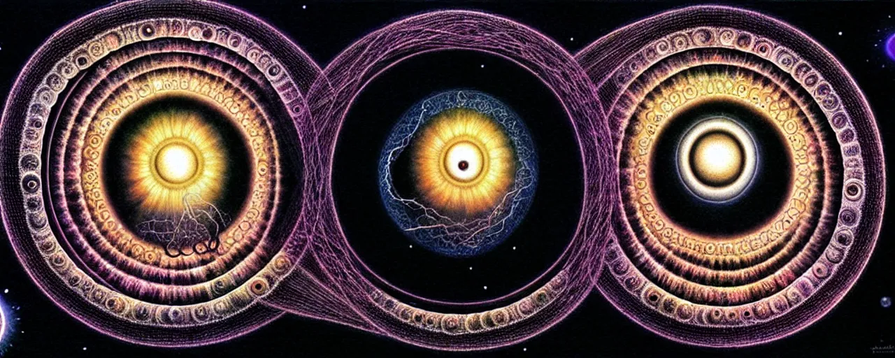 Image similar to a giant eyeball sings a unique canto about'as above so below'to the a cosmic cochlea, while being ignited by the spirit of haeckel and robert fludd, breakthrough is iminent, glory be to the magic within, in honor of saturn, painted by alex grey