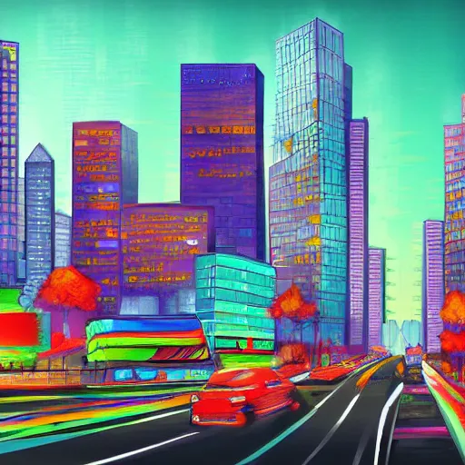 Image similar to A digital painting of a cityscape, with tall buildings and busy streets, colorful, futuristic, and detailed.