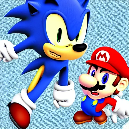 Image similar to mario cuddling sonic romantically on the sofa,