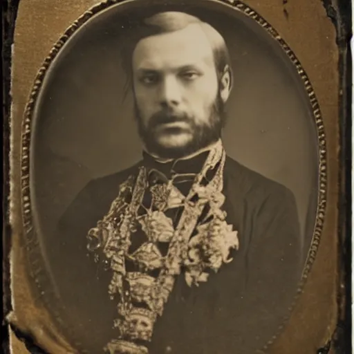 Prompt: A daguerreotype photograph of an evil looking king. Dark Fantasy.