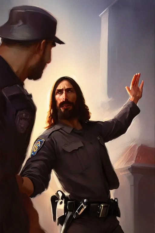 Image similar to jesus christ arresting a police officer, style of greg rutkowski