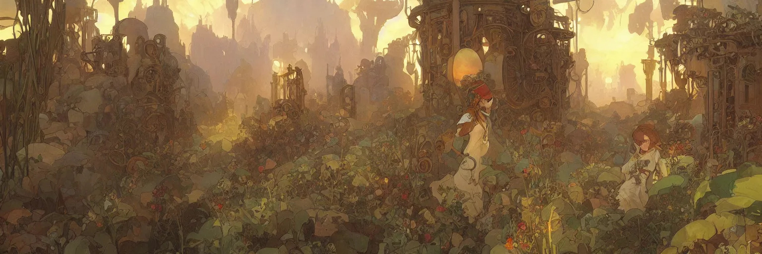 Image similar to A beautiful landscape painting of steampunk landscape by Alfons Maria Mucha and Julie Dillon and Makoto Shinkai