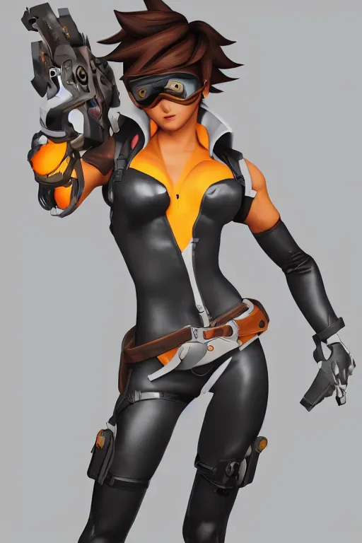 Image similar to tracer from overwatch doing a pin up pose, dark room, cinematic, volumetric lighting, hyperdetailed photograph