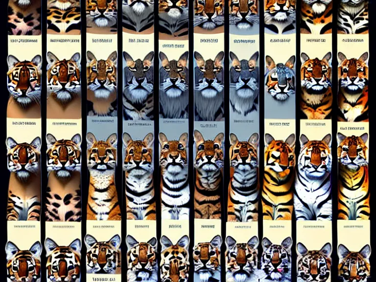 Prompt: multiple, side by side, epic card scans, portrait of different felidae including tiger, lynx, serval, cougar, ocelot, caracal, puma, leopard, panther, jaguar, highly detailed, digital art