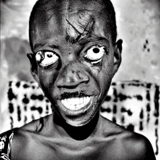 Image similar to an african boy from the movie tank girl, by jamie hewlett and sawoozer and roger ballen,