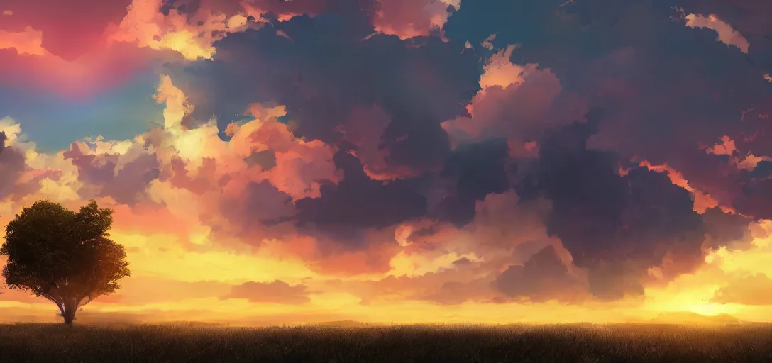 Image similar to peaceful puffy cloud with sunset in the background, matte painting, trending on artstation, artstationHQ, unreal engine, 4k, 8k, anime style