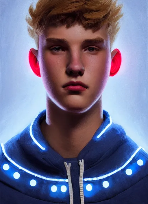 Image similar to portrait of high school senior boy named big moose, blonde short hair, jock, beefy, wide face, square jaw, square facial structure, blue varsity jacket with his name, intricate, elegant, glowing lights, highly detailed, digital painting, artstation, concept art, sharp focus, illustration, art by wlop, mars ravelo and greg rutkowski