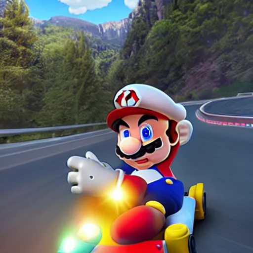 Image similar to mario kart in real life uncanny valley incredible photography photorealistic hyperrealism realistical lifelike