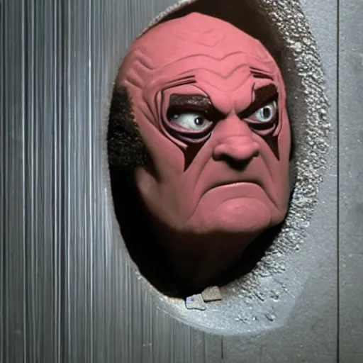 Prompt: Movie still of a dingy restroom with Gowron the Klingon staring at a small hole bored in the stall wall. Gowron has Klingon features, a klingon nose, a klingon forehead, and klingon teeth