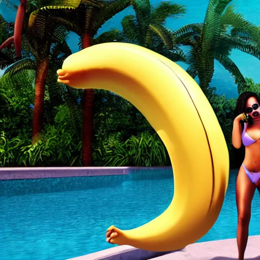 Image similar to michael jackson in bikini riding a big banana in pool, detailed face, 4 k, high details, sharp focus, octane render, volumetric light