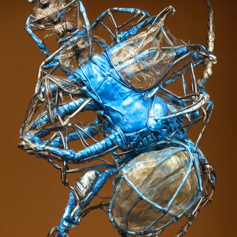 Image similar to hyperrealistic sculpture of a bronze fossilized wentletrap cicada dusted with blue spraypaint in a grid cage on a pedestal by ron mueck and duane hanson and lee bontecou, hyperrealistic dramatic colored lighting trending on artstation 8 k