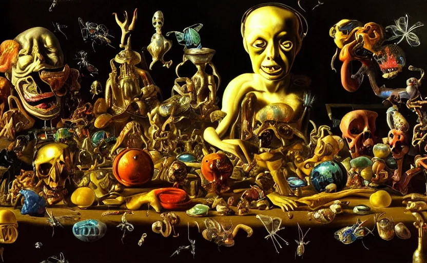 Image similar to the weirdest image ever disturbing colorful oil painting dutch golden age vanitas still life with bizarre recursive humanoid faces strange beautiful curvy women metal objects shiny gooey surfaces shiny metal bizarre insects rachel ruysch dali todd schorr very detailed perfect composition rule of thirds masterpiece canon 5 0 mm, cinematic lighting, chiaroscuro