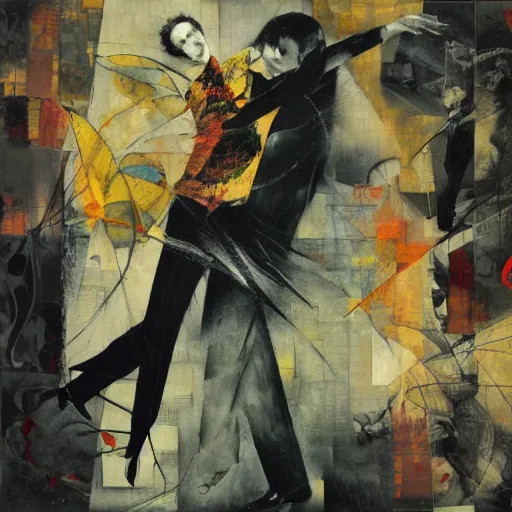 Prompt: tango, collage and oil on canvas by dave mckean and yoshitaka amano
