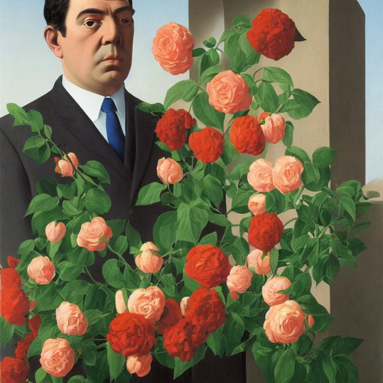 Image similar to portrait of a man, face hidden by beautiful flower bouquet, by rene magritte, detailed painting, hd, hq, high resolution, high detail, 4 k, 8 k