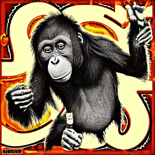 Image similar to orangutan in the style of dirty rhymes & psychotronic beats album cover by pungent stench