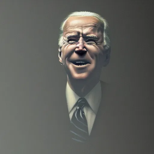 Prompt: creepy joe biden appearing from the shadows, hyper realism, horror, terror, shawody, dark lighting, mist, fog, smoke, scary,