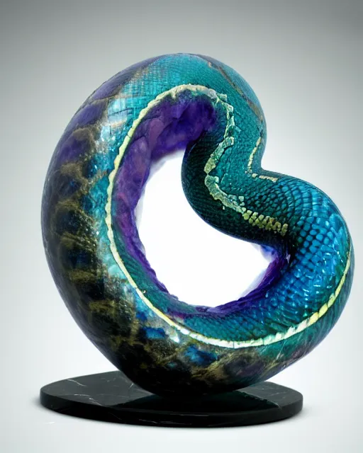 Prompt: a photo of a sculpture of a snake made from blue and emerald and amethyst crystal geode formations encircling a marble egg on a base of obsidian made with liquid gold tendrils flowing by ellen jewett by stanisław szukalski, octane render, recursive, tendrils, elestial crystals, geode, refracted light